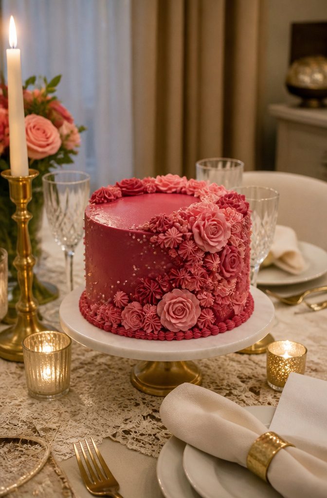 10 Dark Pink Cake Ideas for Birthdays, Showers and Celebrations 14 Dark pink cake adorned with piped buttercream flowers on a table.
