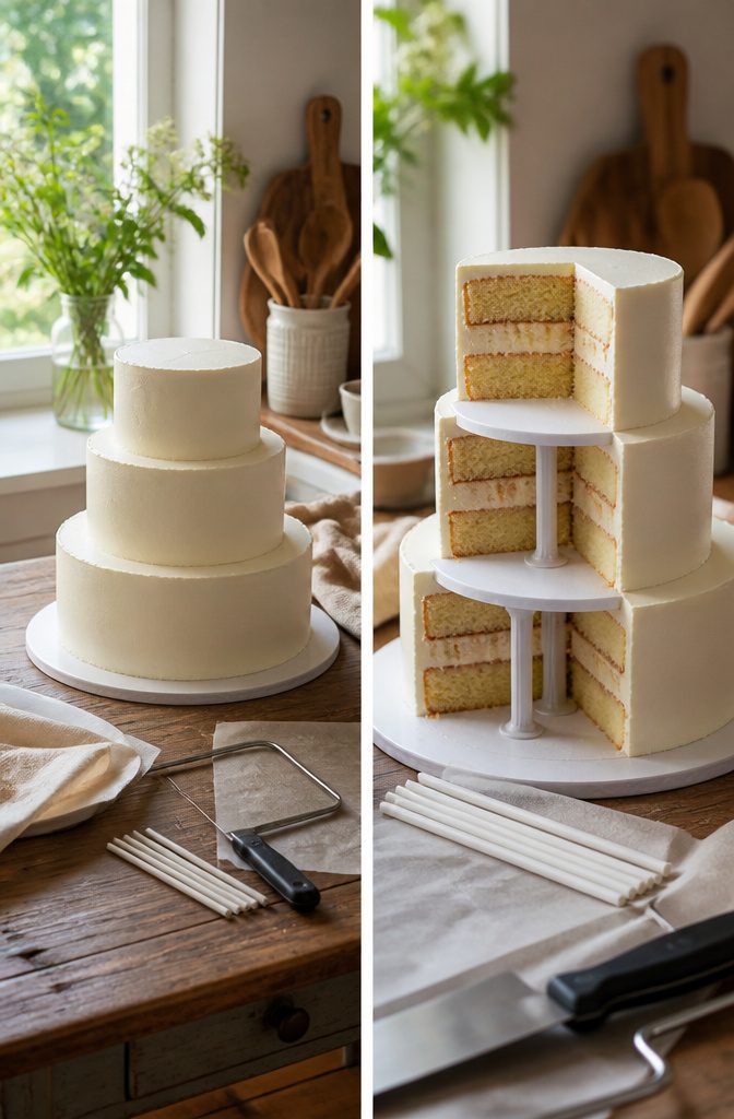 Cake tiers with boards and dowels for stability.