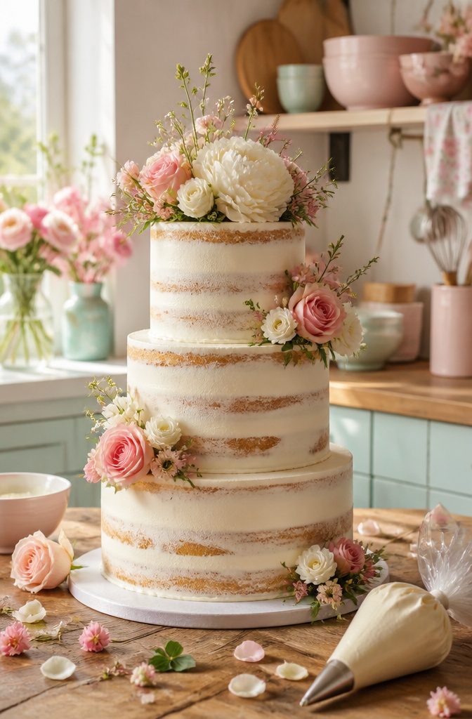 Fresh flowers arranged on a decorated wedding cake.