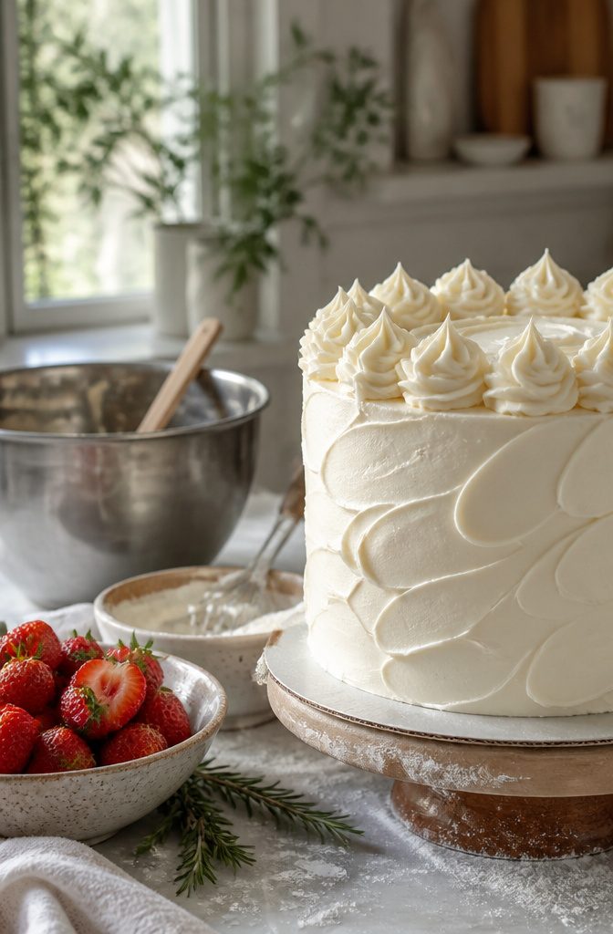 Close-up of Swiss meringue buttercream on a cake tier.