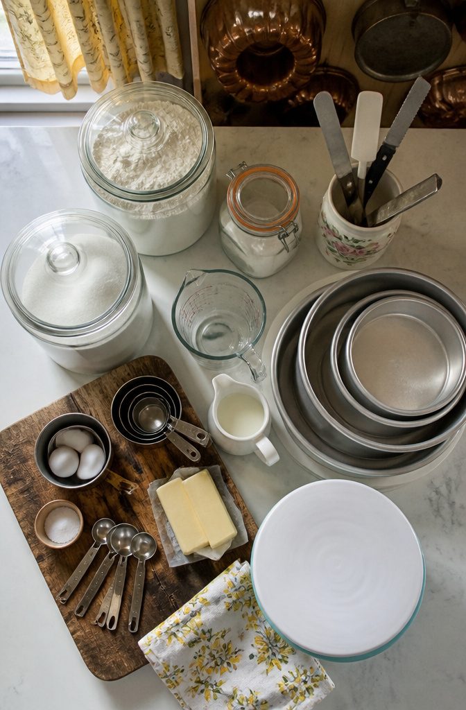 Ingredients and tools needed for baking a three-tier wedding cake.