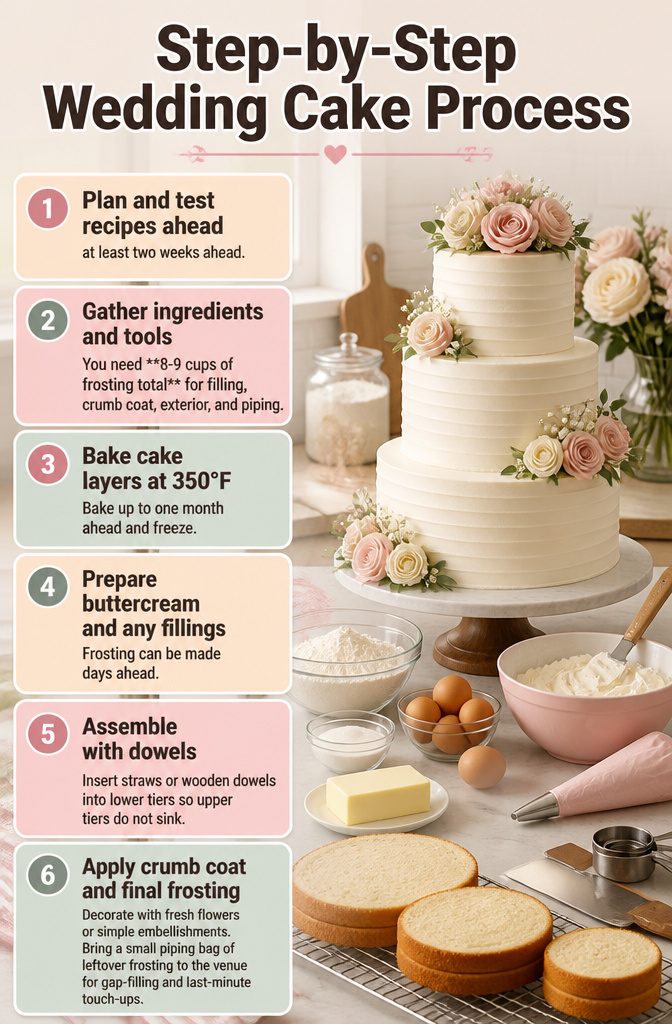 Step-by-step instructions for baking wedding cake layers.