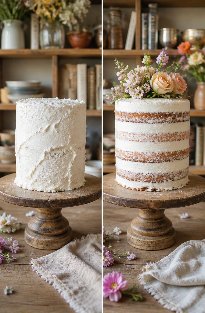Naked and semi-naked wedding cakes displayed together.