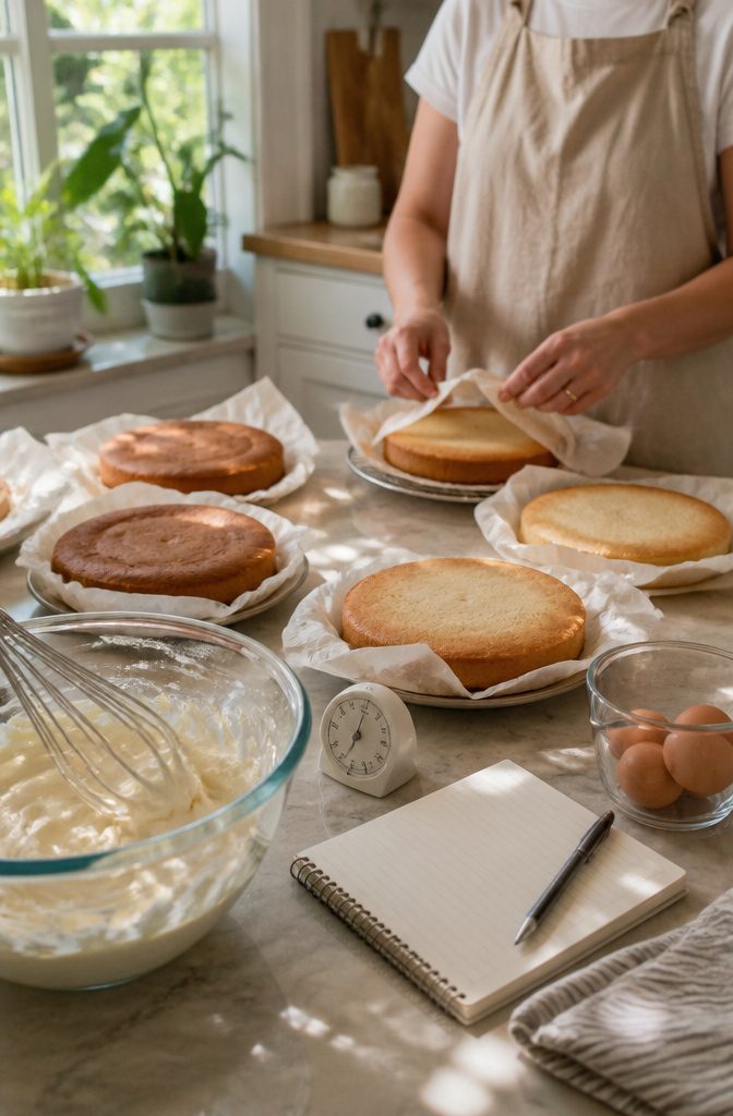 Baker testing cake layers in a warm kitchen.