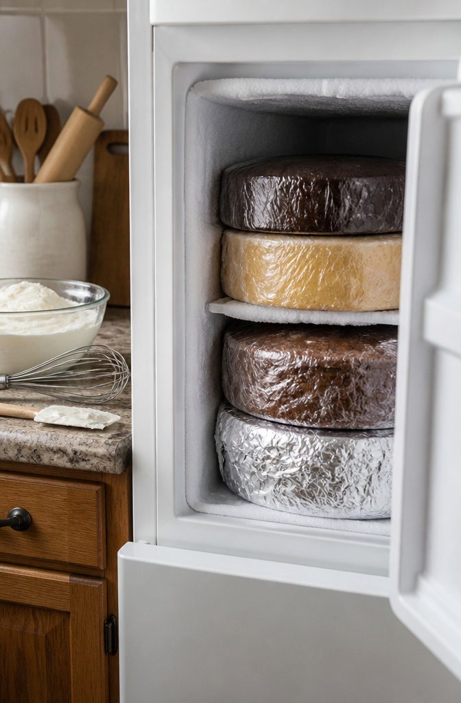Wrapped cake layers stored in a freezer.
