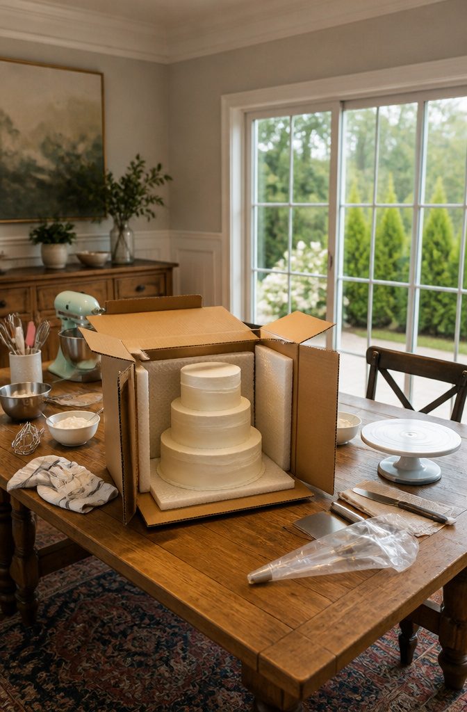 Three-tier wedding cake prepared for transport.