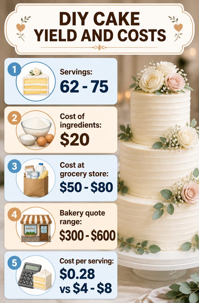 Information on serving yield and cost for DIY wedding cake.