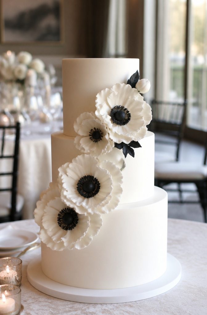 Elegant White Wedding Cake Recipe 21 Cake decorated with anemones in a visually appealing arrangement.