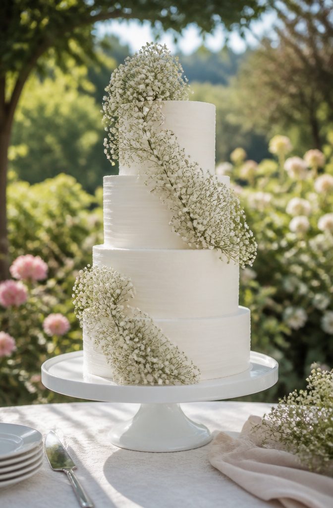 Elegant White Wedding Cake Recipe 8 Cake decorated with baby's breath in a garden setting.