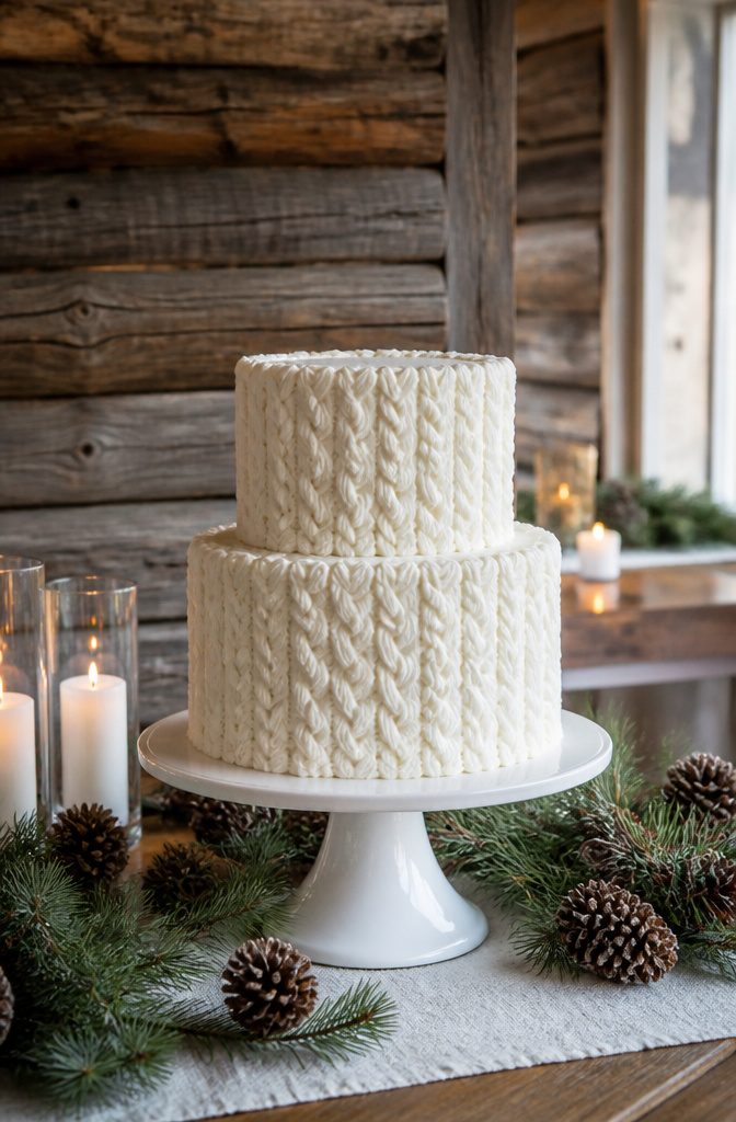Elegant White Wedding Cake Recipe 7 Cake with a cable-knit buttercream design on a wooden background.