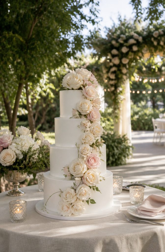 Elegant White Wedding Cake Recipe 6 Cake with cascading flowers on a linen-covered table.