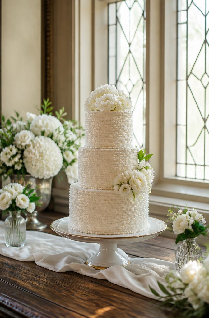 Elegant White Wedding Cake Recipe 15 Cake with basketweave icing on a vintage-inspired table.