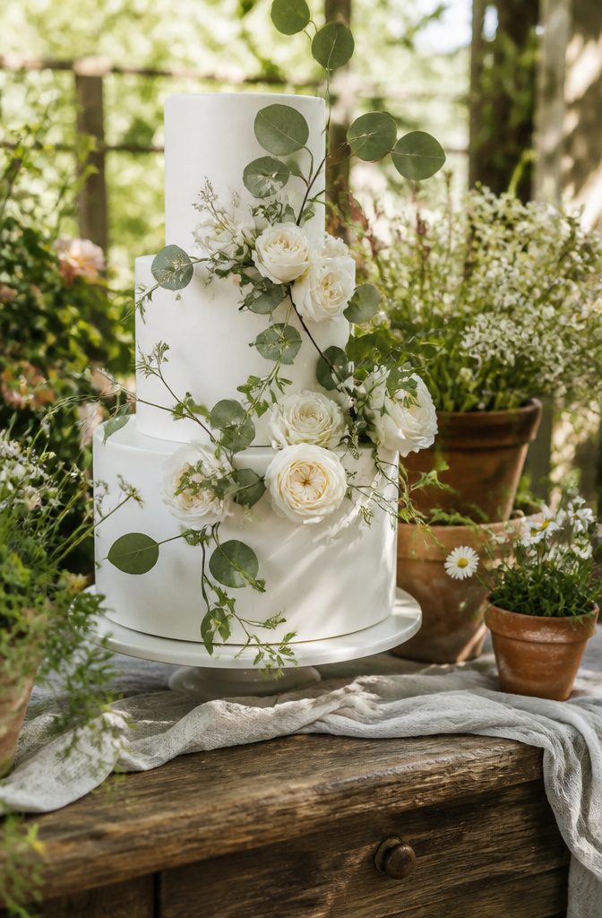 Elegant White Wedding Cake Recipe 18 Cake surrounded by greenery and loose flowers outdoors.