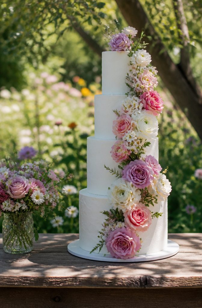 Elegant White Wedding Cake Recipe 4 White wedding cake with fresh flowers in a garden.