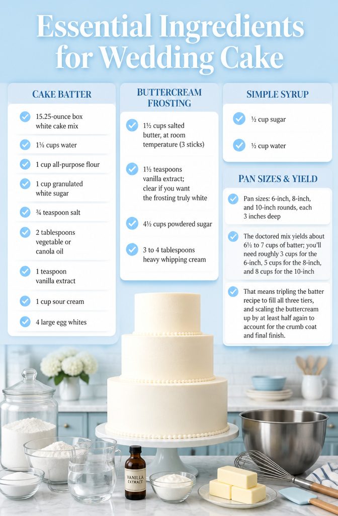Elegant White Wedding Cake Recipe 2 List of ingredients for a white wedding cake.