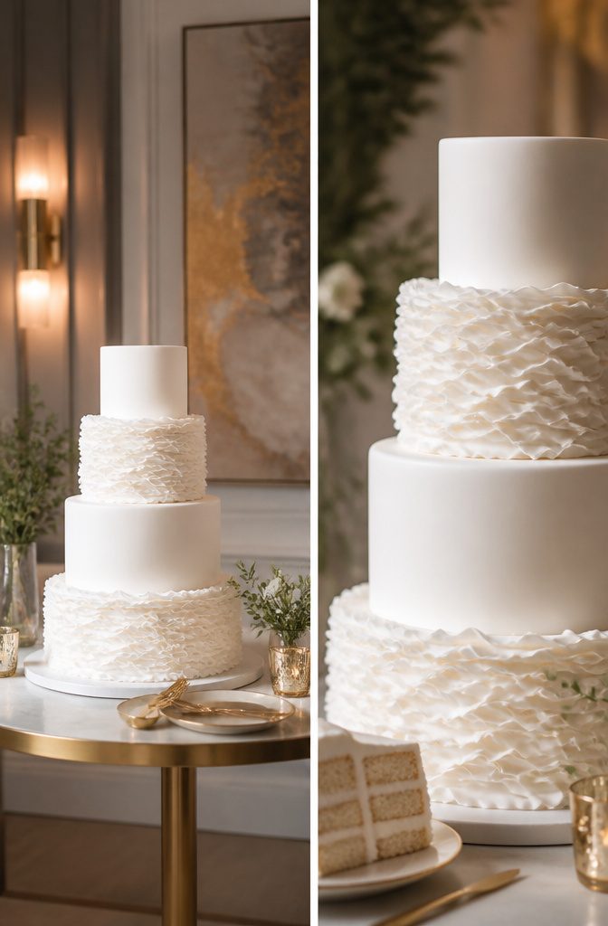 Elegant White Wedding Cake Recipe 16 Cake with contrasting smooth and piped decorations.