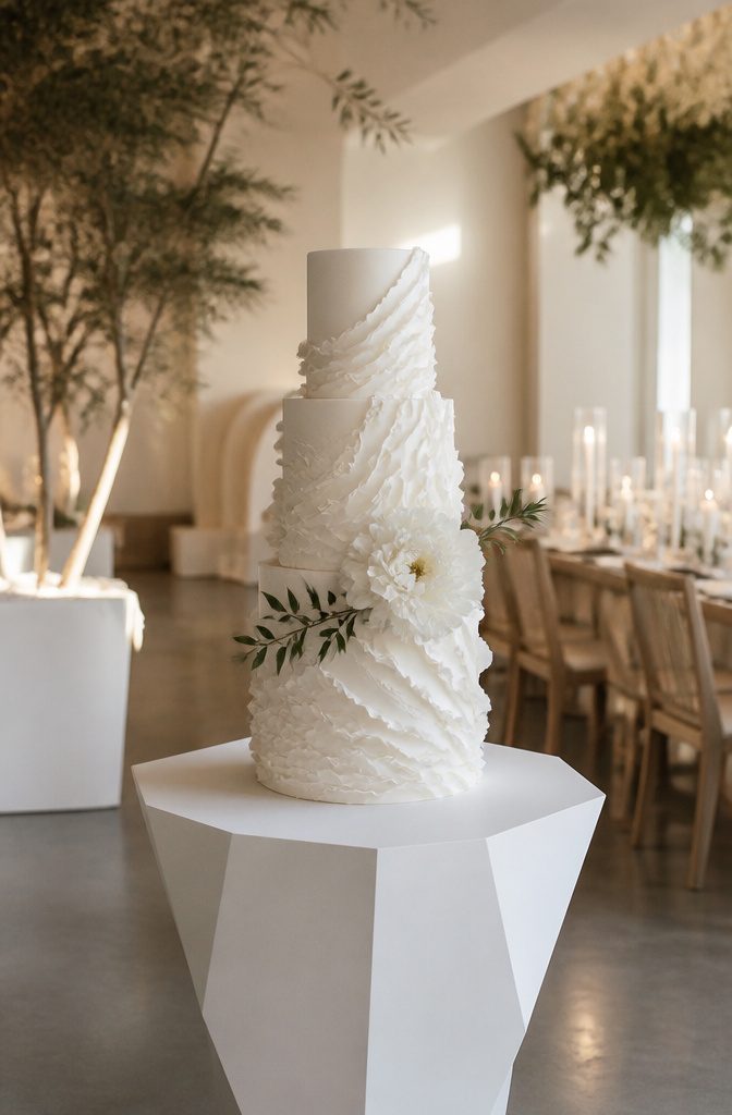 Elegant White Wedding Cake Recipe 19 Cake on a geometric pedestal in a chic venue.