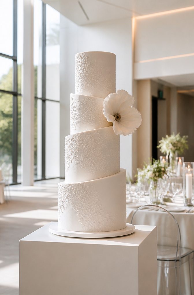 Elegant White Wedding Cake Recipe 5 Contemporary white wedding cake on a minimal pedestal.