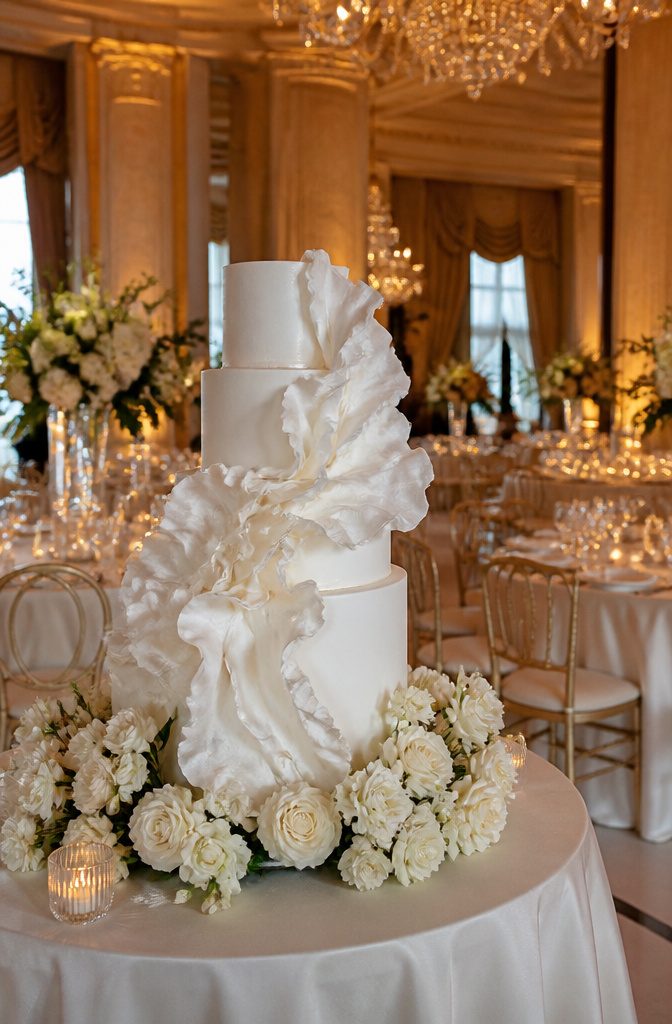 Elegant White Wedding Cake Recipe 9 Elegant white cake with ruffled decorations in a reception hall.