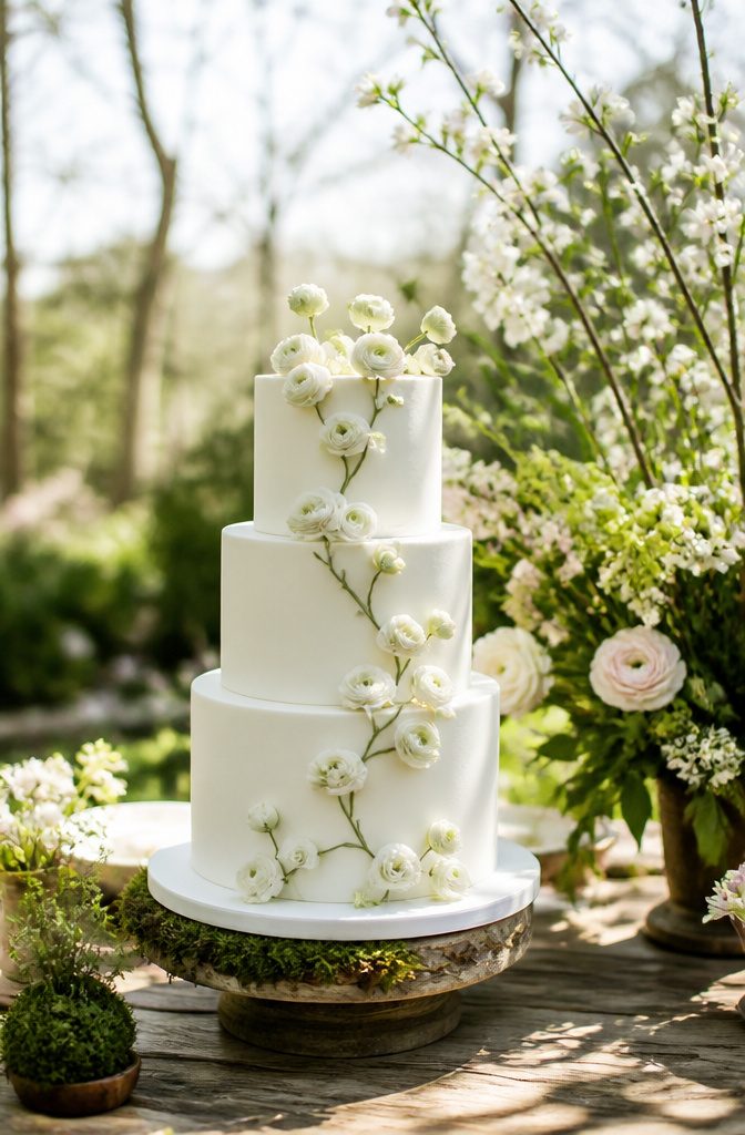 Elegant White Wedding Cake Recipe 14 Cake with pale green fondant stems and sugar flowers outdoors.