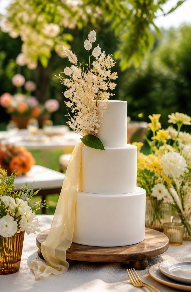 Elegant White Wedding Cake Recipe 11 Cake with dried botanicals in a sunlit garden.
