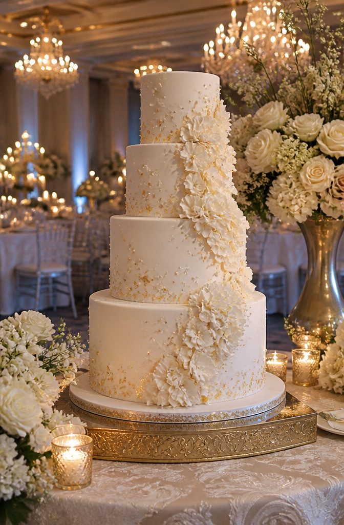 Elegant White Wedding Cake Recipe 20 Cake adorned with gold leaf and sugar pearls on a fine table.