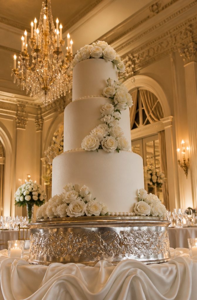 Elegant White Wedding Cake Recipe 12 Tall white wedding cake with roses on a decorative table.