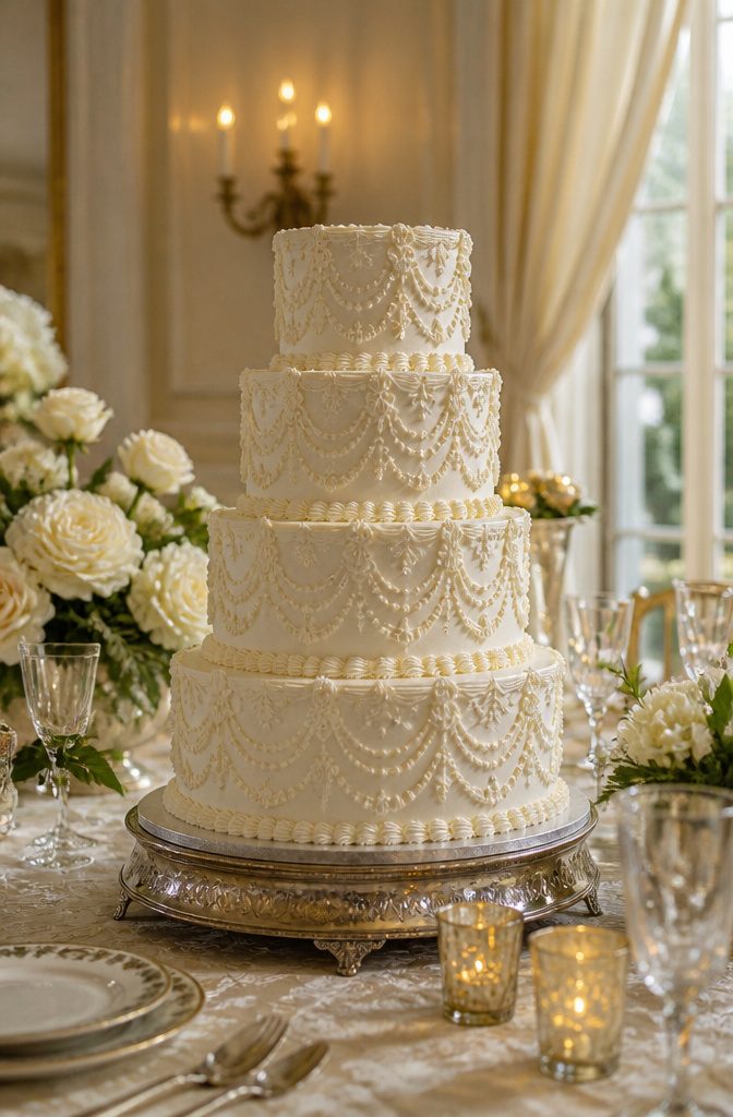 Elegant White Wedding Cake Recipe 17 Cake with detailed piping on an antique stand.