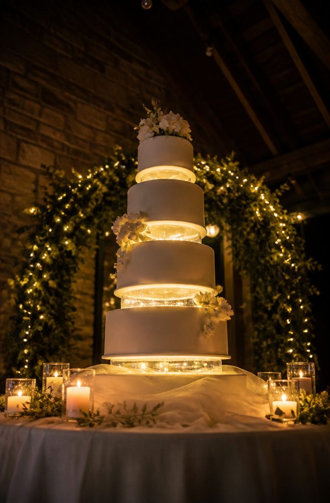 Elegant White Wedding Cake Recipe 10 Cake with lights tucked between tiers for decoration.