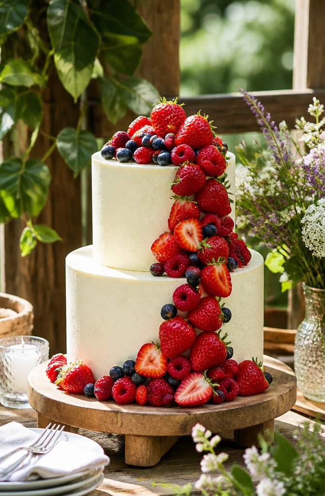 A wedding cake adorned with strawberries, blueberries, and raspberries.