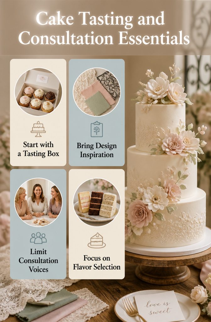 A display of cake tasting essentials for wedding consultations.