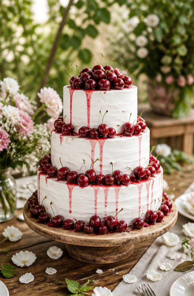A white buttercream cake adorned with fresh cherries and cherry compote.