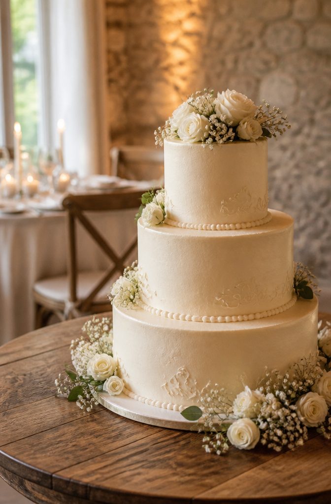 A buttercream wedding cake featuring smooth and textured designs.