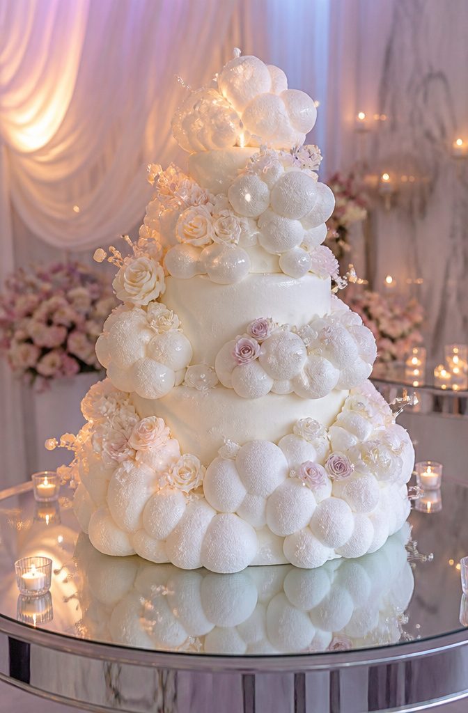 A wedding cake with a billowy marshmallow and meringue finish.