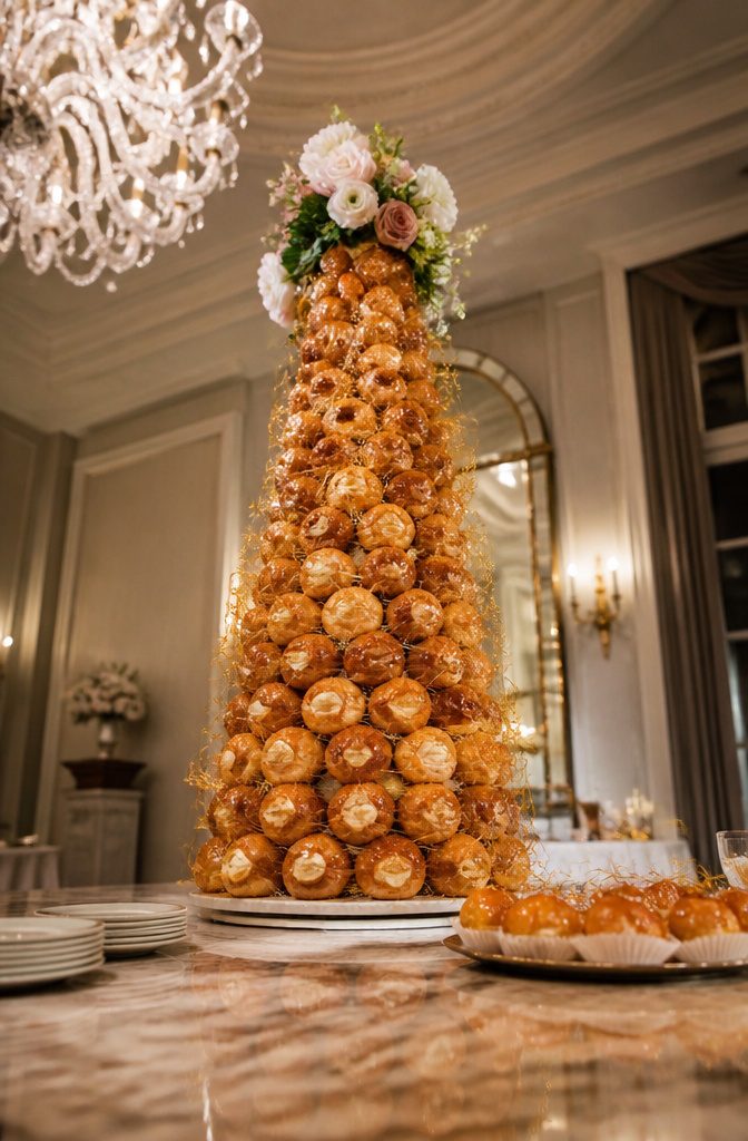 A tower of cream puffs bound with caramel on a wooden table.
