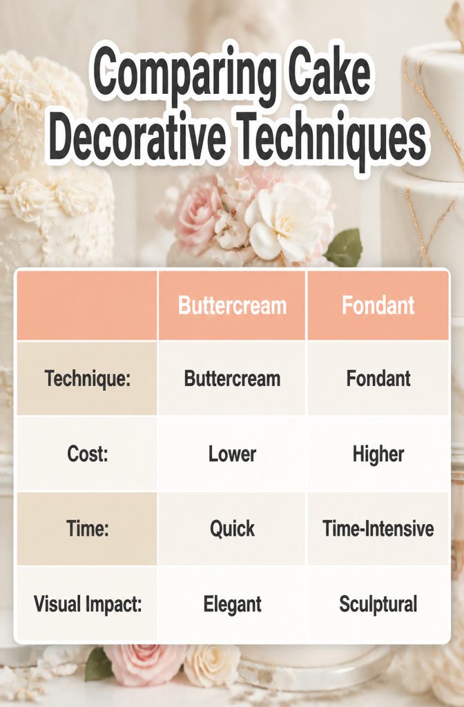 An overview of different cake decorative techniques including buttercream and fondant.