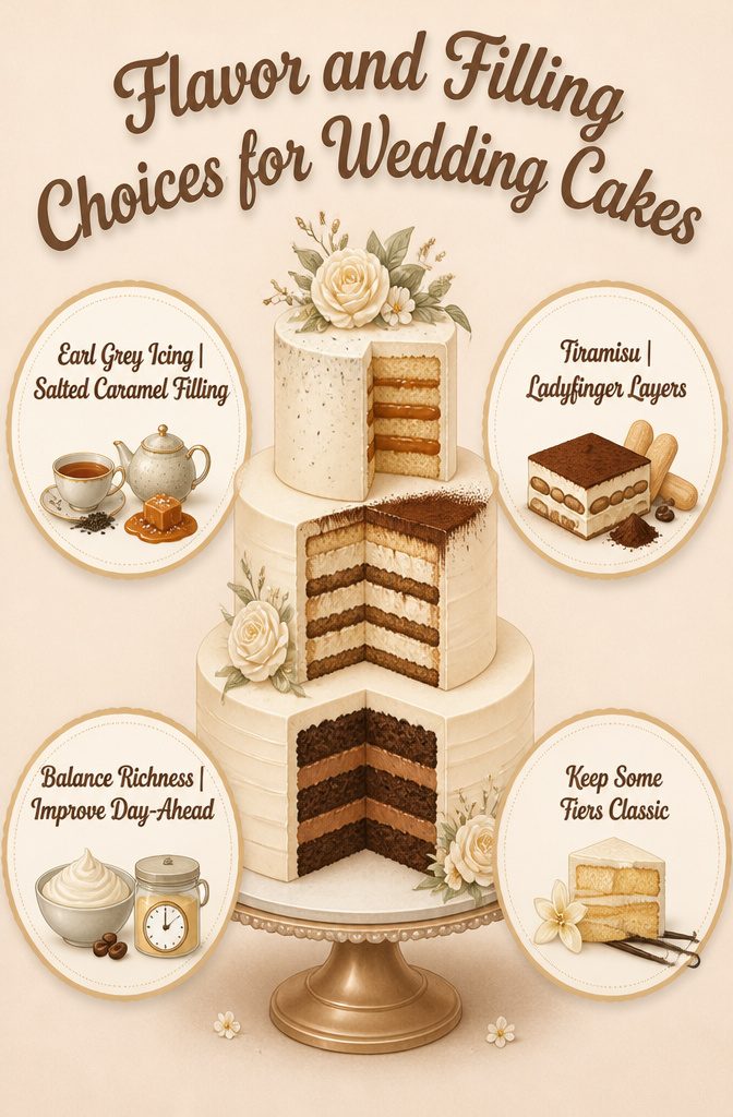 A selection of flavor and filling choices for wedding cakes.