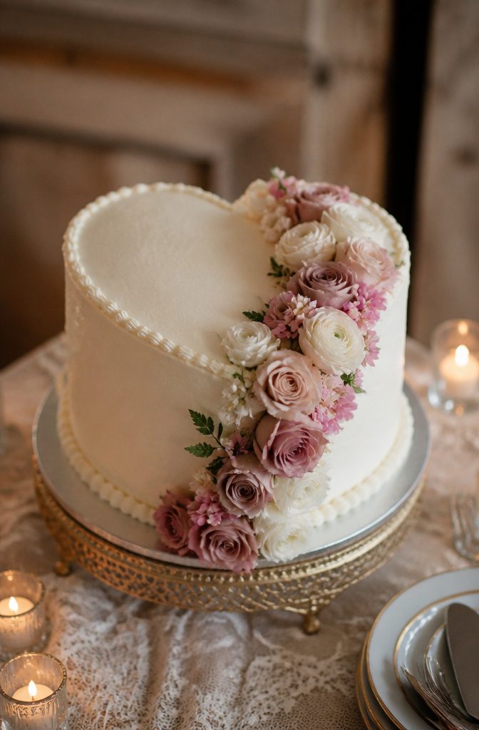 A heart-shaped wedding cake decorated with fresh flowers.