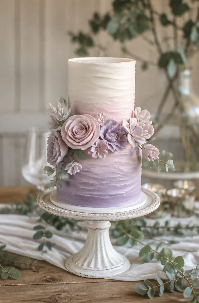 A wedding cake in soft pastel colors with an ombré design.