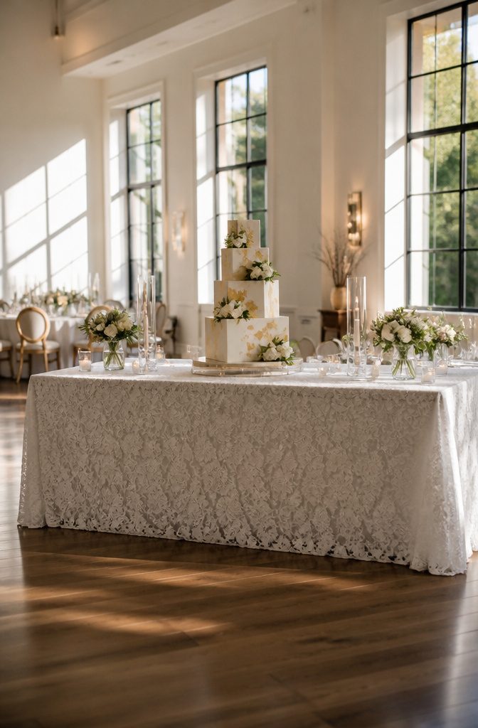 A rectangular wedding cake designed for easy slicing and serving.