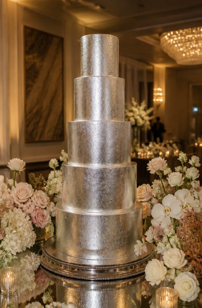 A wedding cake entirely covered in shimmering silver leaf.