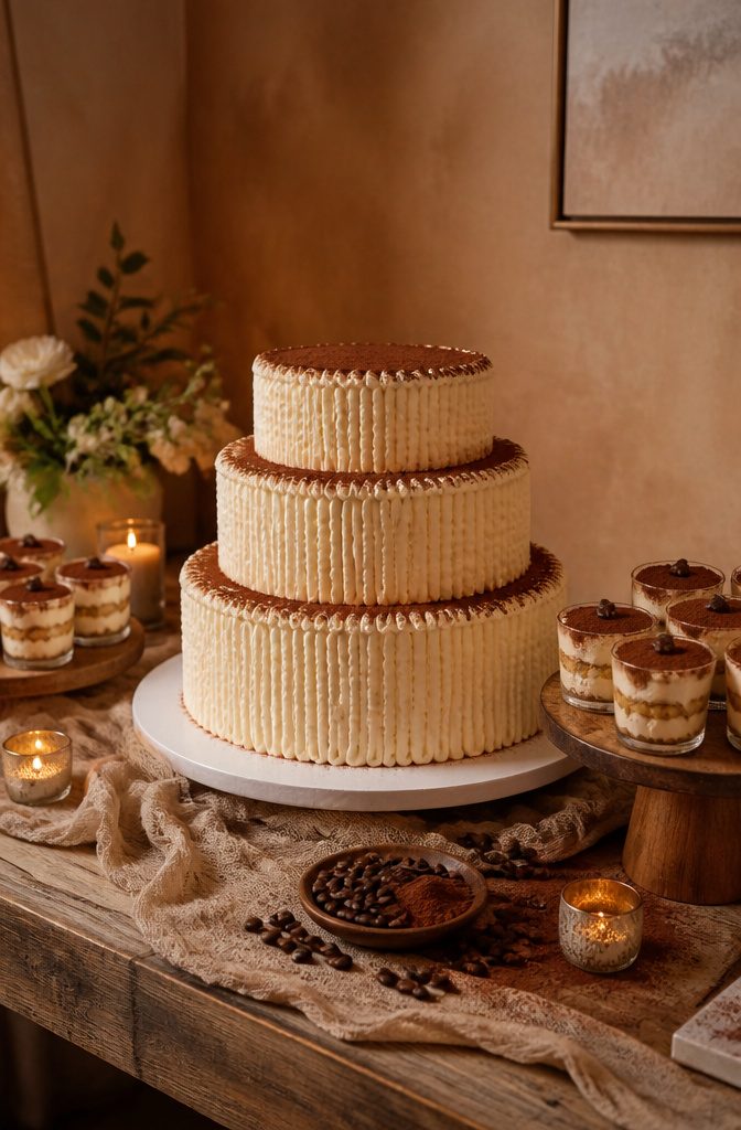 An elegantly layered tiramisu cake topped with cocoa dust.