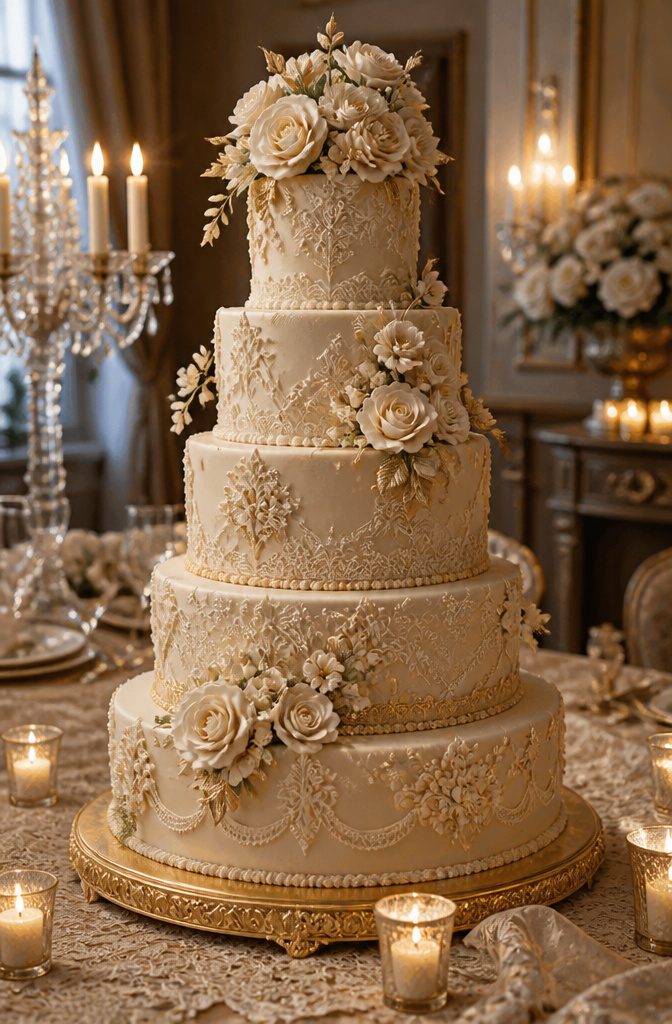 A multi-tiered vintage wedding cake with royal icing lace and sugar flowers.