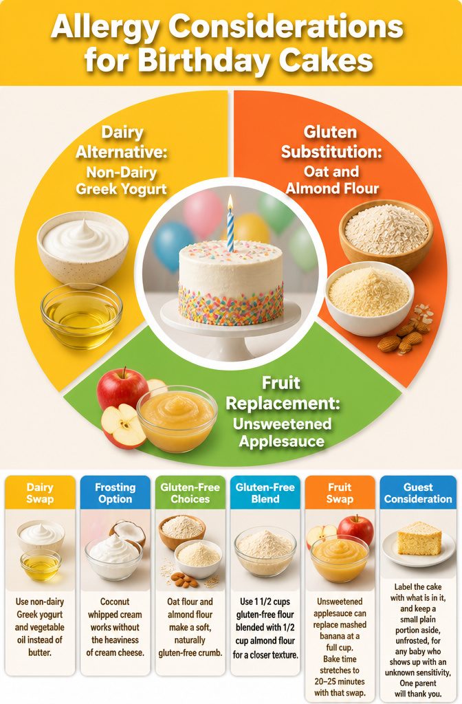 First Birthday Cake: Smash, Natural, Dairy-Free and More Options 16 A list of allergy considerations for preparing birthday cakes.