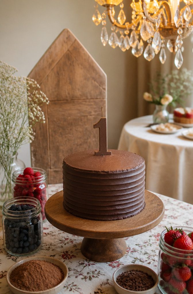 First Birthday Cake: Smash, Natural, Dairy-Free and More Options 12 A chocolate cake surrounded by berries and cocoa powder.
