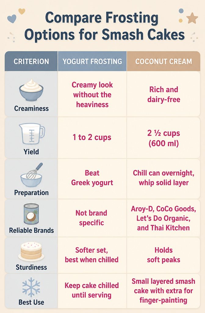 First Birthday Cake: Smash, Natural, Dairy-Free and More Options 14 A chart displaying various frosting options for cakes.