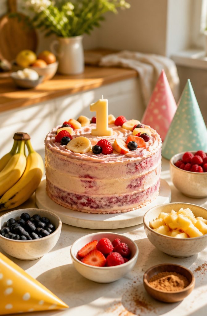 First Birthday Cake: Smash, Natural, Dairy-Free and More Options 6 A colorful cake surrounded by fresh fruits and cinnamon.