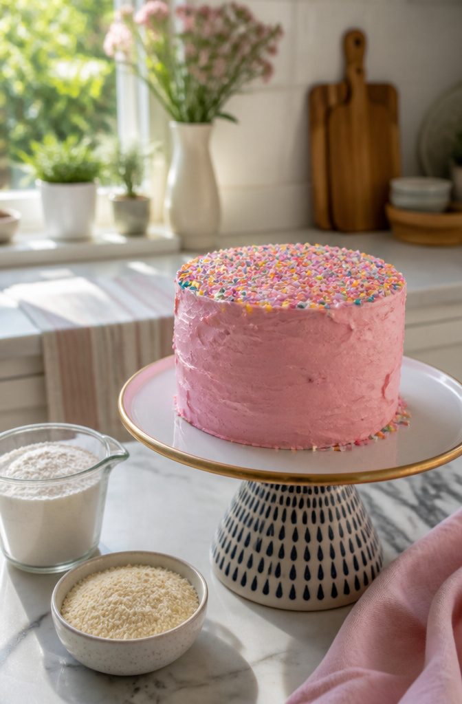 First Birthday Cake: Smash, Natural, Dairy-Free and More Options 5 A gluten-free cake on a patterned stand in a sunlit kitchen.