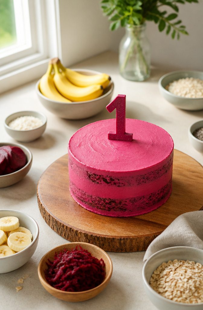 First Birthday Cake: Smash, Natural, Dairy-Free and More Options 13 A vibrant beet-based cake on a wooden board.