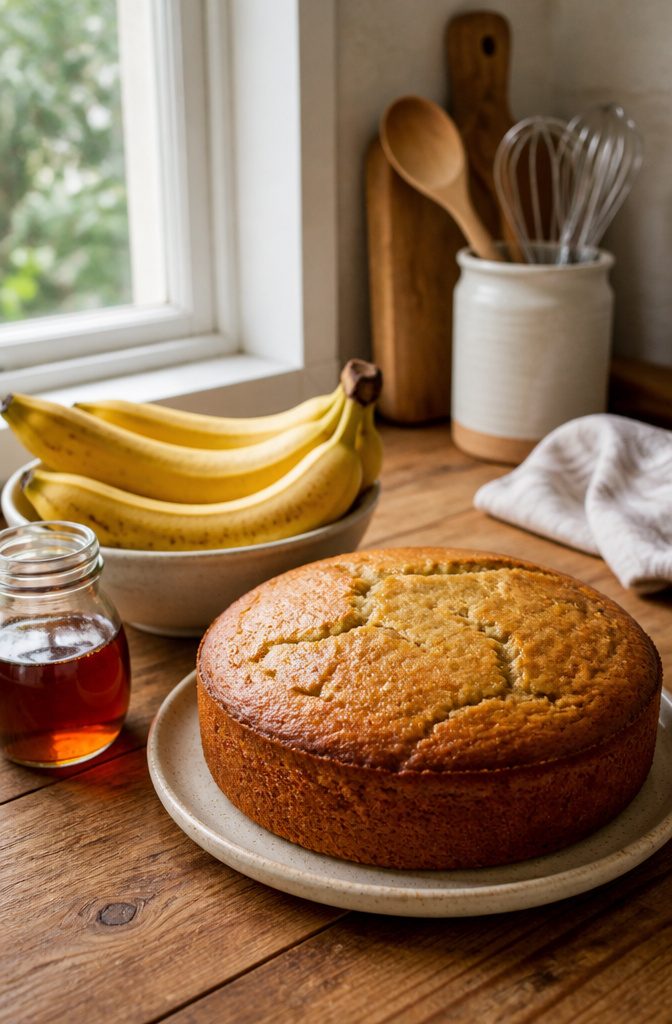First Birthday Cake: Smash, Natural, Dairy-Free and More Options 3 A banana-based cake with a golden hue on a wooden counter.